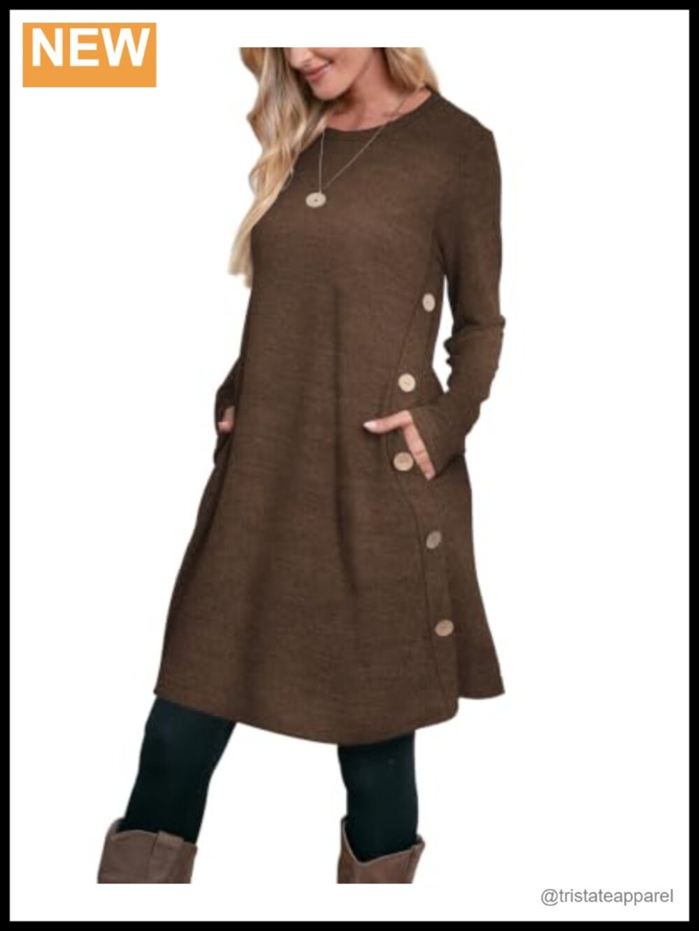 Long Sleeve Tunic Dress with Pockets Buttons Crew Neck Flowy Casual